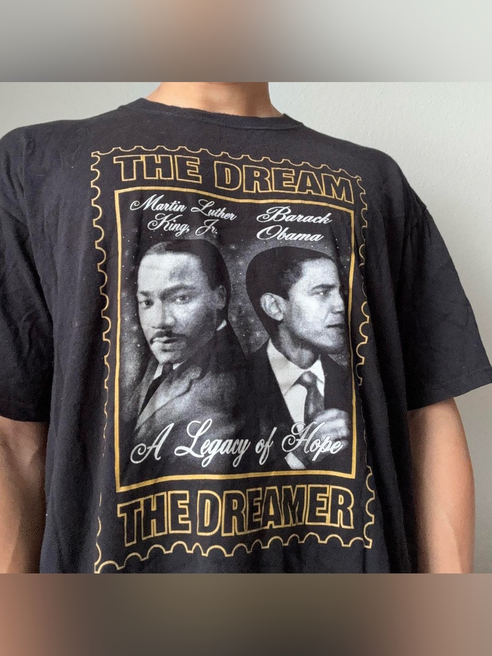 Vintage 2000s Barack Obama x Martin Luther King AOP Graphics Black Tee Shirt